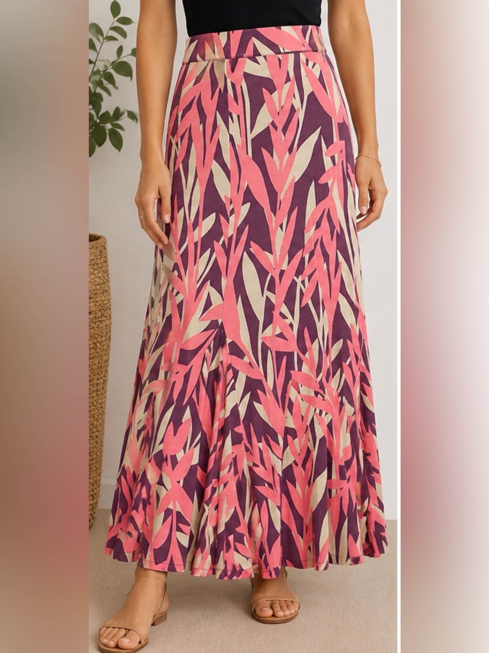 Boden Pink Purple Tropical Leaf Print Maxi Skirt Flared Boho Women’s US 6